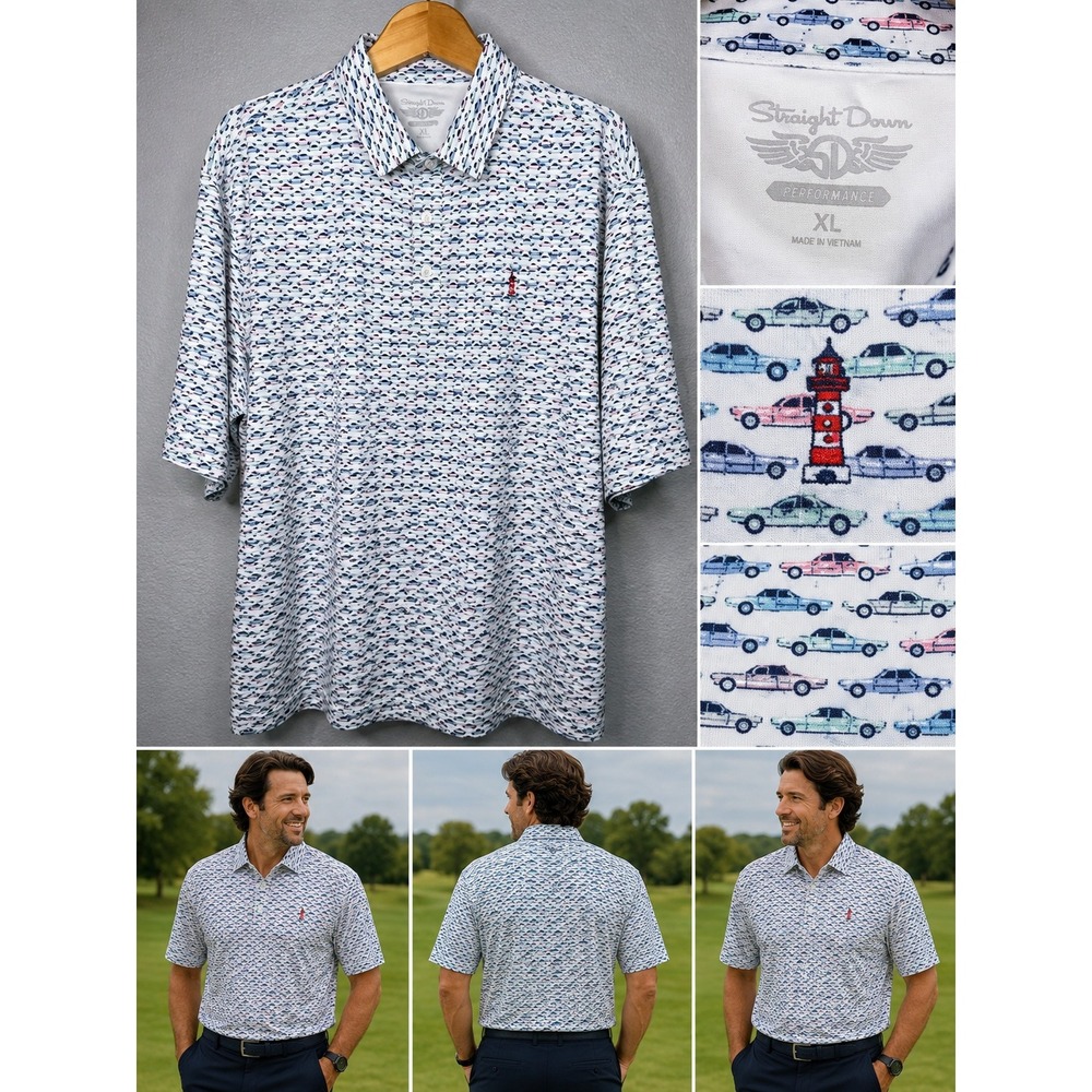 Straight Down Performance Golf Polo Mens XL Blue Vintage Car Print Lighthouse